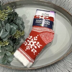 Red Chrismas Socks Women's Airplus Cozy Double Layer Infused w Aloe Fuzzy Winter
